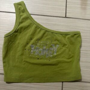 Green One-Shoulder Y2K bedazzled Top